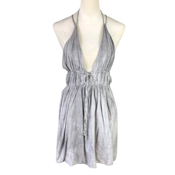 Honey Punch Stonewash Gray Open Back Strappy Ties Halter Neck Soft Mini Dress - Picture 1 of 9